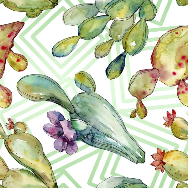Grøn kaktus blomstret botaniske blomster. Akvarel baggrund illustration sæt. Problemfri baggrund mønster . - Stock-foto