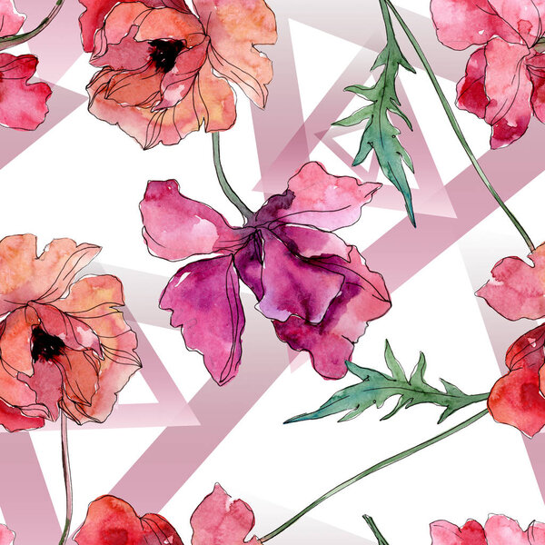 Poppy floral botanical flower. Watercolor background illustration set. Seamless background pattern. Stock Photo