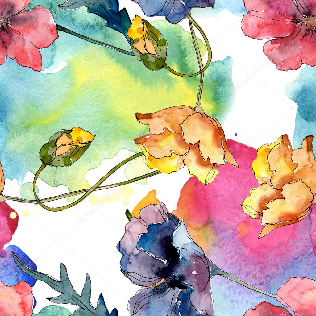 Poppy floral botanical flower. Wild spring leaf wildflower. Watercolor illustration set. Watercolour drawing fashion aquarelle. Seamless background pattern. Fabric wallpaper print texture.