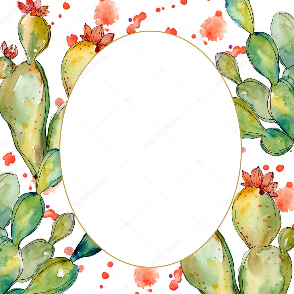 Green cactus floral botanical flowers. Watercolor background illustration set. Frame border ornament square.