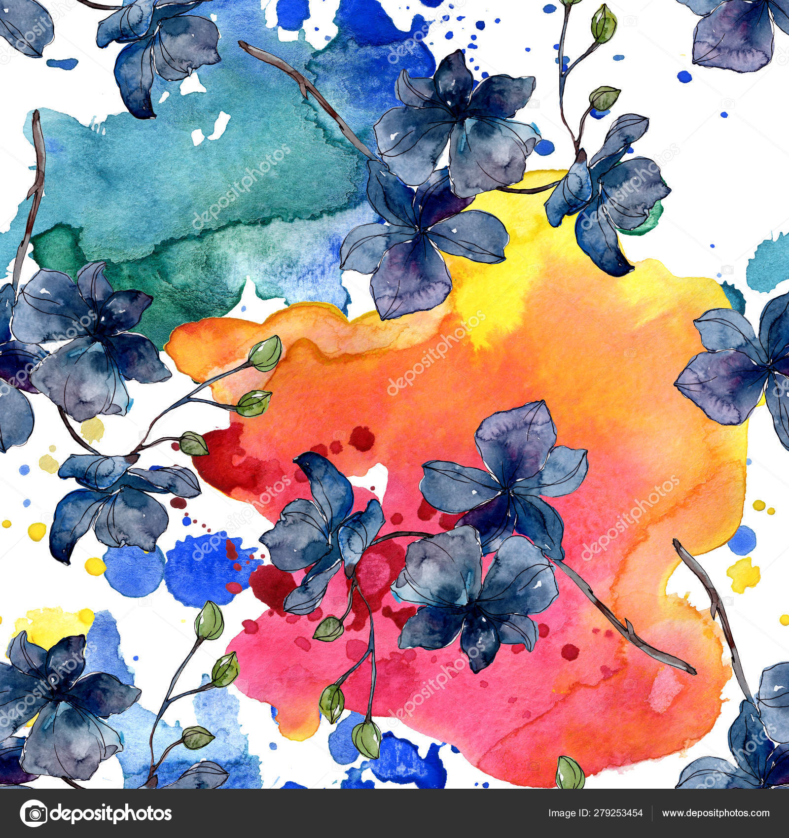 兰花植物花 水彩背景插图集 无缝背景模式 图库照片 C Andreyanush