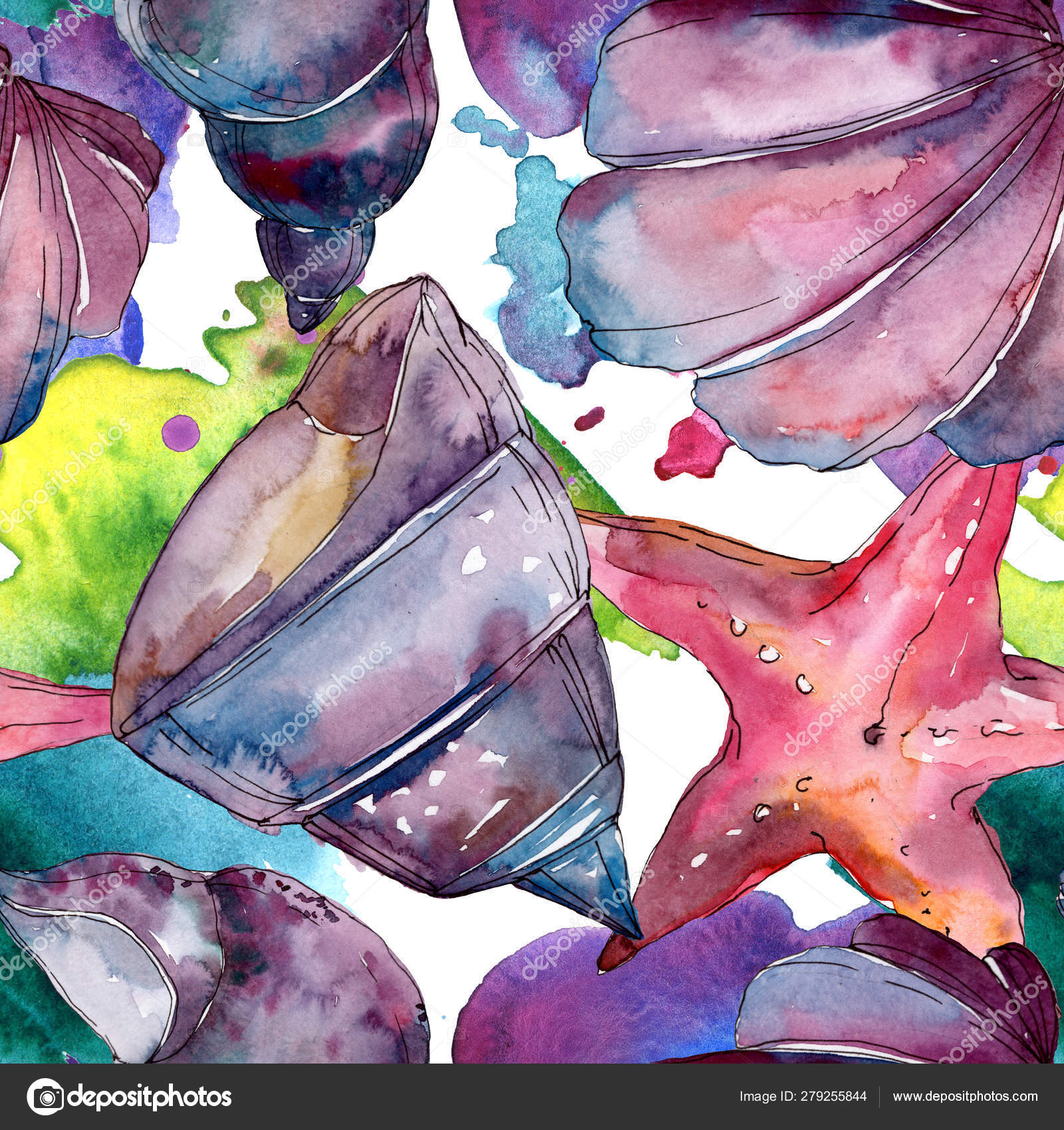 Summer Beach Seashell Tropical Elements Watercolor Background