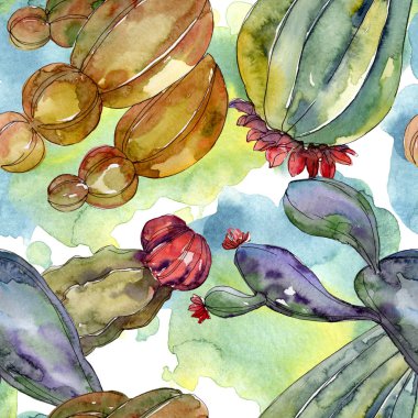 Kaktüs çiçek botanik çiçekleri. Yabani bahar yaprağı kır çiçeği. Suluboya illüstrasyon seti. Suluboya çizim moda aquarelle. Kusursuz arka plan deseni. Kumaş duvar kağıdı baskı doku.