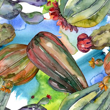 Kaktüs çiçek botanik çiçekleri. Yabani bahar yaprağı kır çiçeği. Suluboya illüstrasyon seti. Suluboya çizim moda aquarelle. Kusursuz arka plan deseni. Kumaş duvar kağıdı baskı doku.