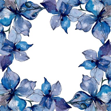 Orkide çiçek botanik çiçekleri. Yabani bahar yaprağı kır çiçeği. Suluboya arka plan illüstrasyon seti. Suluboya çizim moda aquarelle. Çerçeve kenarlık süs karesi.