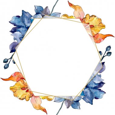 Orkide çiçek botanik çiçekleri. Yabani bahar yaprağı kır çiçeği. Suluboya arka plan illüstrasyon seti. Suluboya çizim moda aquarelle. Çerçeve kenar kristal süs kare.
