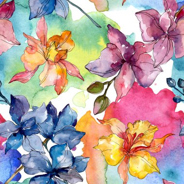 Orkide çiçek botanik çiçekleri. Yabani bahar yaprağı kır çiçeği. Suluboya illüstrasyon seti. Suluboya çizim moda aquarelle. Kusursuz arka plan deseni. Kumaş duvar kağıdı baskı doku.