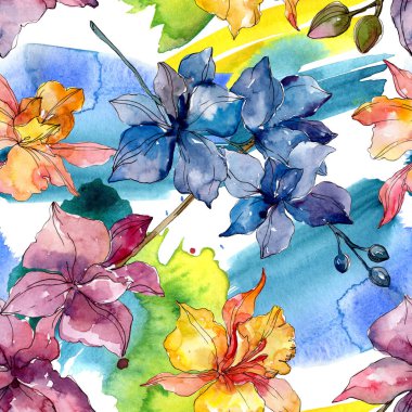 Orkide çiçek botanik çiçekleri. Yabani bahar yaprağı kır çiçeği. Suluboya illüstrasyon seti. Suluboya çizim moda aquarelle. Kusursuz arka plan deseni. Kumaş duvar kağıdı baskı doku.