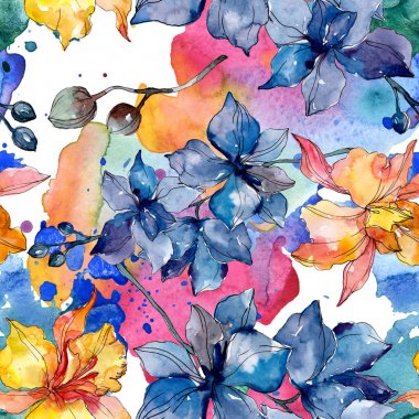Orkide çiçek botanik çiçekleri. Yabani bahar yaprağı kır çiçeği. Suluboya illüstrasyon seti. Suluboya çizim moda aquarelle. Kusursuz arka plan deseni. Kumaş duvar kağıdı baskı doku.