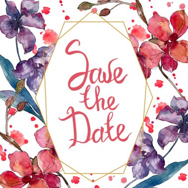 Orkide çiçek botanik çiçekleri. Suluboya arka plan illüstrasyon seti. Çerçeve kenarlık süs karesi.