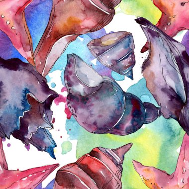 Yaz plaj deniz kabuğu tropikal unsurlar. Suluboya arka plan illüstrasyon seti. Kesintisiz arka plan deseni.