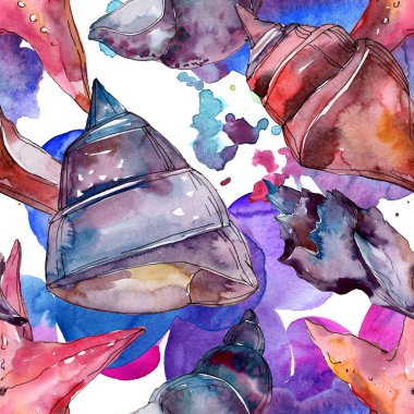 Yaz plaj deniz kabuğu tropikal unsurlar. Suluboya arka plan illüstrasyon seti. Kesintisiz arka plan deseni.