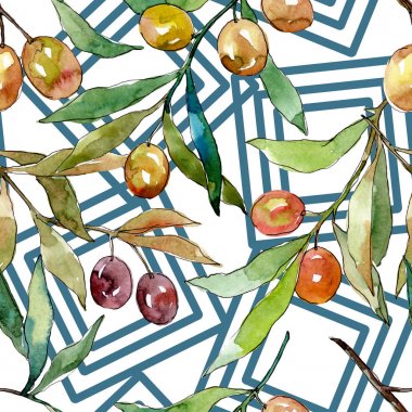 Siyah ve yeşil meyveli zeytin dalı. Suluboya arka plan illüstrasyon seti. Kesintisiz arka plan deseni.
