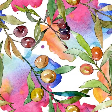 Siyah ve yeşil meyveli zeytin dalı. Suluboya arka plan illüstrasyon seti. Kesintisiz arka plan deseni.