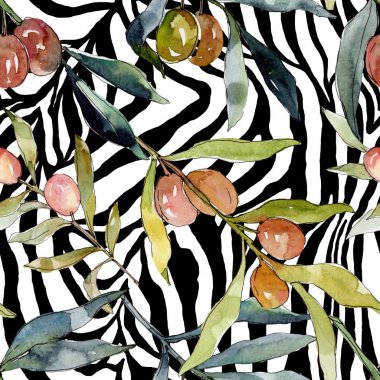 Siyah ve yeşil MEYVELERLE zeytin dalı. Suluboya arka plan illüstrasyon seti. Suluboya çizim moda Aquarelle izole. Kesintisiz arka plan deseni. Kumaş duvar kağıdı baskı doku.