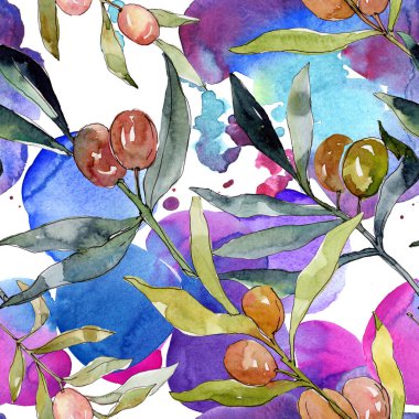 Siyah ve yeşil MEYVELERLE zeytin dalı. Suluboya arka plan illüstrasyon seti. Suluboya çizim moda Aquarelle izole. Kesintisiz arka plan deseni. Kumaş duvar kağıdı baskı doku.
