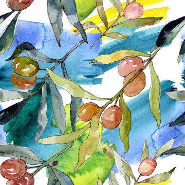 Siyah ve yeşil MEYVELERLE zeytin dalı. Suluboya arka plan illüstrasyon seti. Suluboya çizim moda Aquarelle izole. Kesintisiz arka plan deseni. Kumaş duvar kağıdı baskı doku.