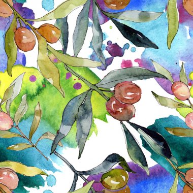 Siyah ve yeşil MEYVELERLE zeytin dalı. Suluboya arka plan illüstrasyon seti. Suluboya çizim moda Aquarelle izole. Kesintisiz arka plan deseni. Kumaş duvar kağıdı baskı doku.