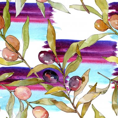 Siyah ve yeşil MEYVELERLE zeytin dalı. Suluboya arka plan illüstrasyon seti. Suluboya çizim moda Aquarelle izole. Kesintisiz arka plan deseni. Kumaş duvar kağıdı baskı doku.