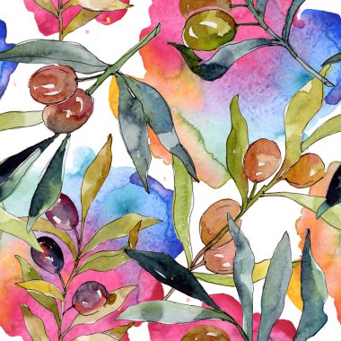 Siyah ve yeşil MEYVELERLE zeytin dalı. Suluboya arka plan illüstrasyon seti. Suluboya çizim moda Aquarelle izole. Kesintisiz arka plan deseni. Kumaş duvar kağıdı baskı doku.