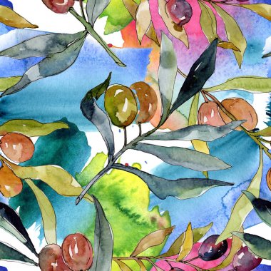 Siyah ve yeşil MEYVELERLE zeytin dalı. Suluboya arka plan illüstrasyon seti. Suluboya çizim moda Aquarelle izole. Kesintisiz arka plan deseni. Kumaş duvar kağıdı baskı doku.