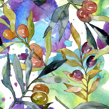 Siyah ve yeşil MEYVELERLE zeytin dalı. Suluboya arka plan illüstrasyon seti. Suluboya çizim moda Aquarelle izole. Kesintisiz arka plan deseni. Kumaş duvar kağıdı baskı doku.