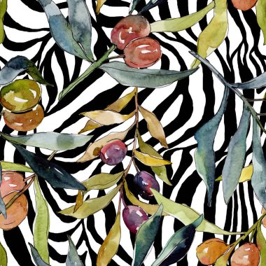 Siyah ve yeşil MEYVELERLE zeytin dalı. Suluboya arka plan illüstrasyon seti. Suluboya çizim moda Aquarelle izole. Kesintisiz arka plan deseni. Kumaş duvar kağıdı baskı doku.