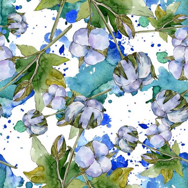 Beyaz pamuk çiçek botanik çiçekler. Suluboya illüstrasyon seti. Kusursuz arka plan deseni. Duvar kağıdı baskı dokusu.