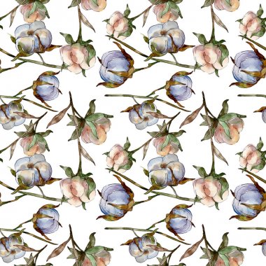 Beyaz pamuk çiçek botanik çiçekler. Suluboya illüstrasyon seti. Kusursuz arka plan deseni. Duvar kağıdı baskı dokusu.