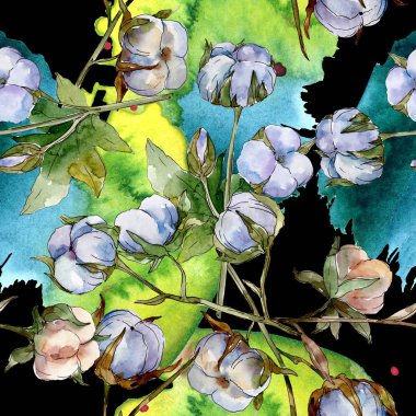 Beyaz pamuk çiçek botanik çiçekler. Suluboya illüstrasyon seti. Kusursuz arka plan deseni. Duvar kağıdı baskı dokusu.