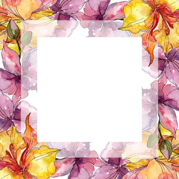 Orchid floral botanical flowers. Wild spring leaf wildflower. Watercolor background illustration set. Watercolour drawing fashion aquarelle. Frame border ornament square.