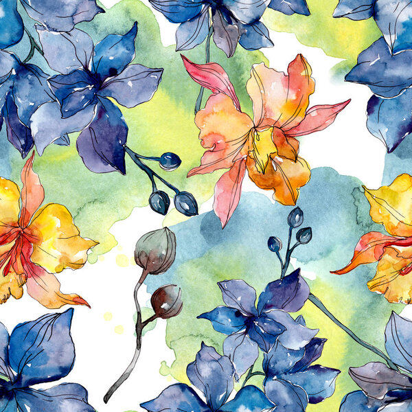 Орхидея цветочные ботанические цветы. Дикий весенний цветок. Набор акварельных рисунков. Акварель для рисования акварелью. Бесшовный рисунок фона. Текстура ткани для печати обоев
.