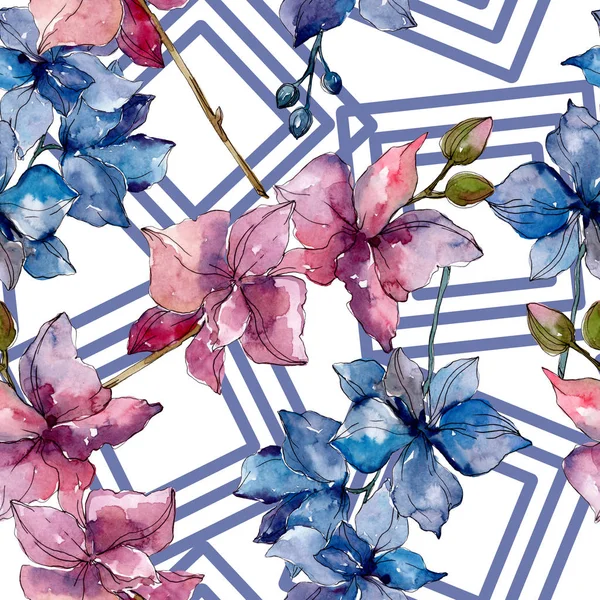 蘭の花の植物の花 野生の春の葉の野生の花 水彩イラストセット 水彩画ファッションアクアレル シームレスな背景パターン ファブリック壁紙プリントテクスチャ — ストック写真