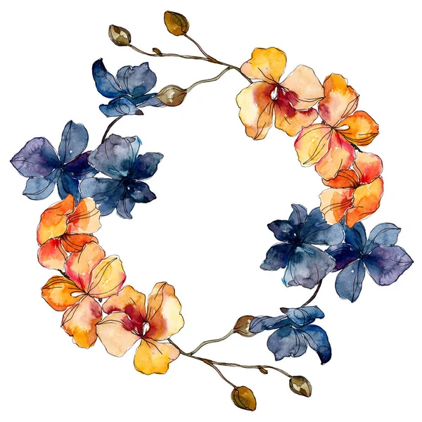 Fiori botanici floreali del Orchid. Acquerello sfondo illustrazione set. Quadrato ornamento bordo cornice . — Foto Stock