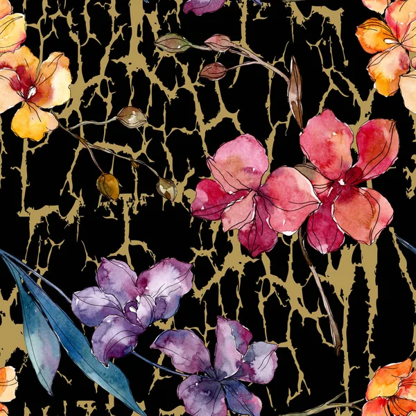 Orquídea flores botánicas florales. Conjunto de ilustración de fondo acuarela. Patrón de fondo sin costuras . — Foto de Stock