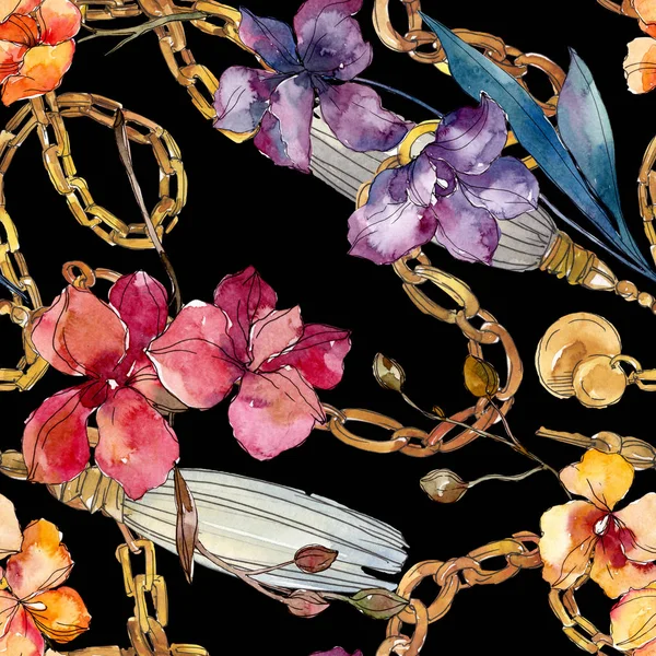 Orkideen blomsterbotaniske blomster. Vannfarget bakgrunnsbilde. Sømløst bakgrunnsmønster . – stockfoto