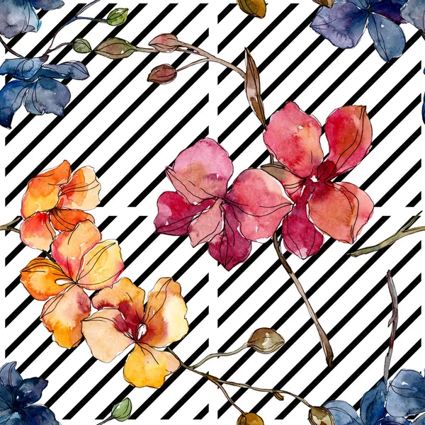 Orkidé blommiga botaniska blommor. Akvarell bakgrund illustration uppsättning. Sömlöst bakgrundsmönster. — Stockfoto