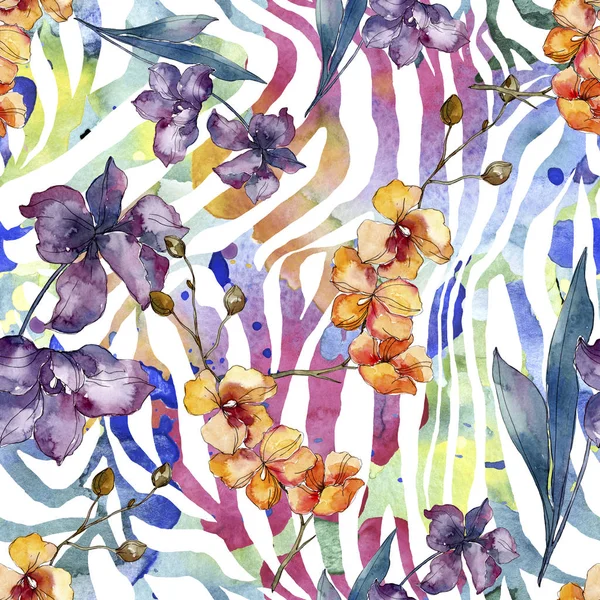 Orquídea flores botánicas florales. Conjunto de ilustración de fondo acuarela. Patrón de fondo sin costuras . — Foto de Stock