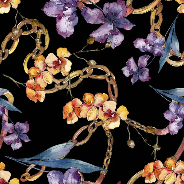 Orhidee flori florale botanice. Set de ilustrații de fundal acuarelă. Model de fundal fără sudură . — Fotografie, imagine de stoc