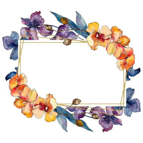 Fiori botanici floreali del Orchid. Acquerello sfondo illustrazione set. Quadrato ornamento bordo cornice . — Foto Stock