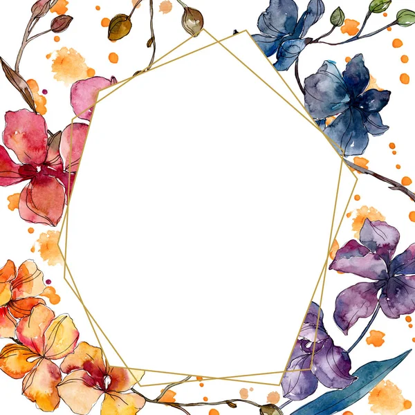 Orchidee florale botanische Blumen. Aquarell Hintergrundillustration Set. Rahmen Rand Ornament Quadrat. — Stockfoto