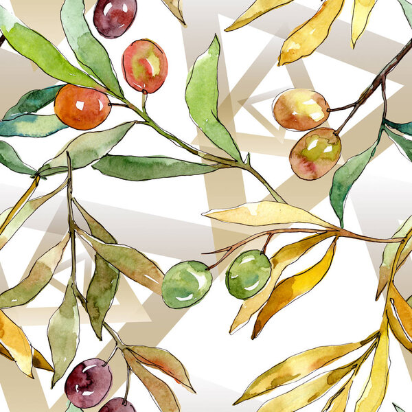 Olive branch with black and green fruit. Watercolor background illustration set. Seamless background pattern.