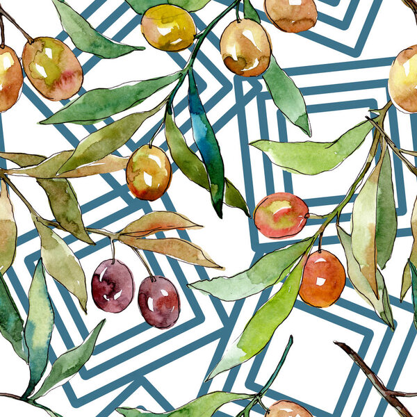 Оливковая ветвь с черными и зелеными фруктами. Набор акварельных фонов. Бесшовный рисунок фона
.