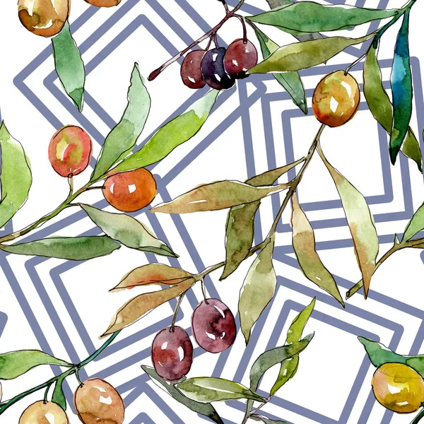 Olive branch with black and green fruit. Watercolor background illustration set. Seamless background pattern. — Stock Photo, Image