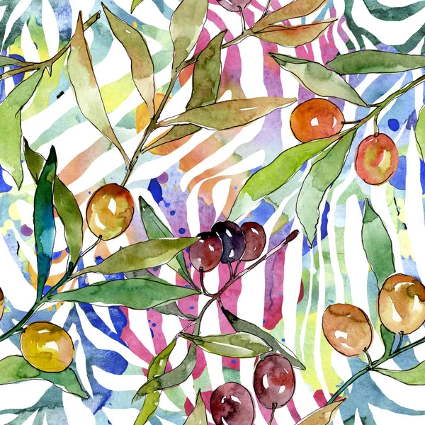 Olivkvist med svart och grön frukt. Akvarell bakgrund illustration uppsättning. Sömlöst bakgrundsmönster. — Stockfoto