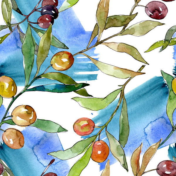 Olive branch with black and green fruit. Watercolor background illustration set. Seamless background pattern.