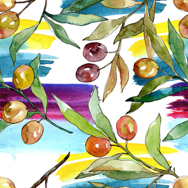 Olive branch with black and green fruit. Watercolor background illustration set. Seamless background pattern.