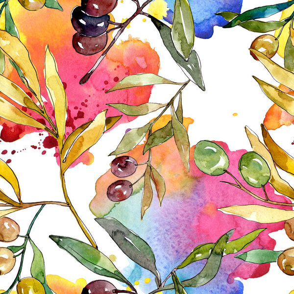 Olive branch with black and green fruit. Watercolor background illustration set. Seamless background pattern.