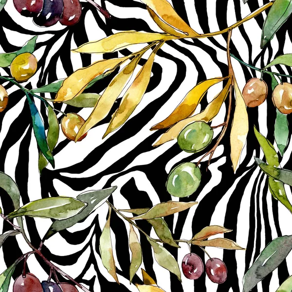 Rama de olivo con fruta negra y verde. Conjunto de ilustración de fondo acuarela. Patrón de fondo sin costuras . — Foto de Stock