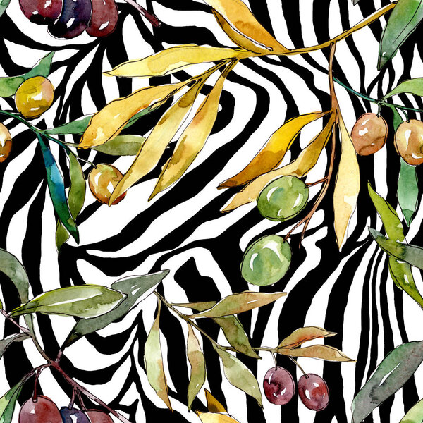 Olive branch with black and green fruit. Watercolor background illustration set. Seamless background pattern.
